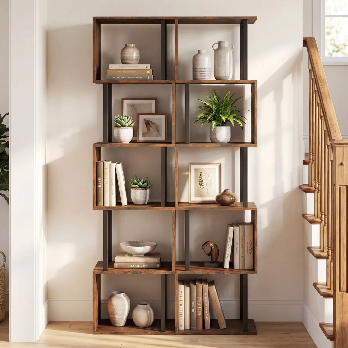 5 stöckiges Bücherregal Geometrisches Standregal mit Kippschutz Freistehendes Lagerregal Rustikales Braun