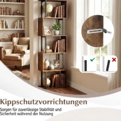 5 stöckiges Bücherregal Geometrisches Standregal mit Kippschutz Freistehendes Lagerregal Rustikales Braun