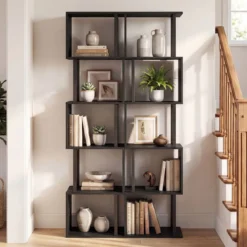 5 stöckiges Bücherregal Geometrisches Standregal mit Kippschutz Freistehendes Lagerregal Schwarz