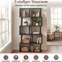 5 stöckiges Bücherregal Geometrisches Standregal mit Kippschutz Freistehendes Lagerregal Schwarz