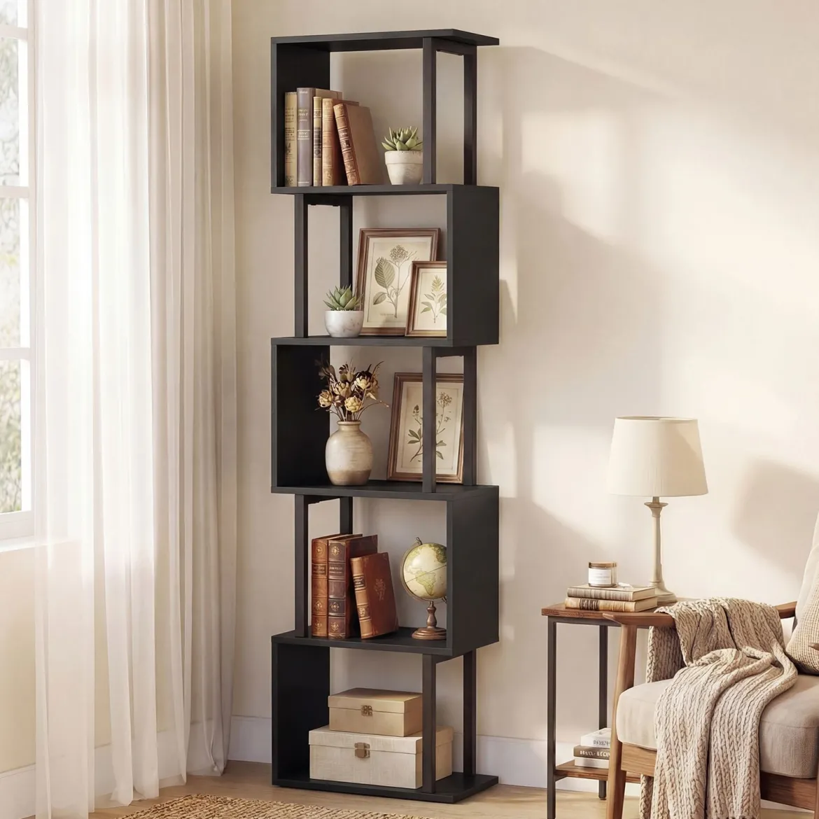 5 stöckiges Bücherregal Geometrisches Standregal mit Kippschutz Freistehendes Lagerregal Schwarz