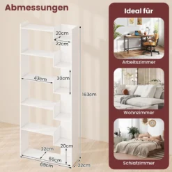 6-stöckiges Bücherregal Holzregal mit 2 Kippsicherungen offenes Ausstellungsregal 69 x 22 x 163 cm Weiß