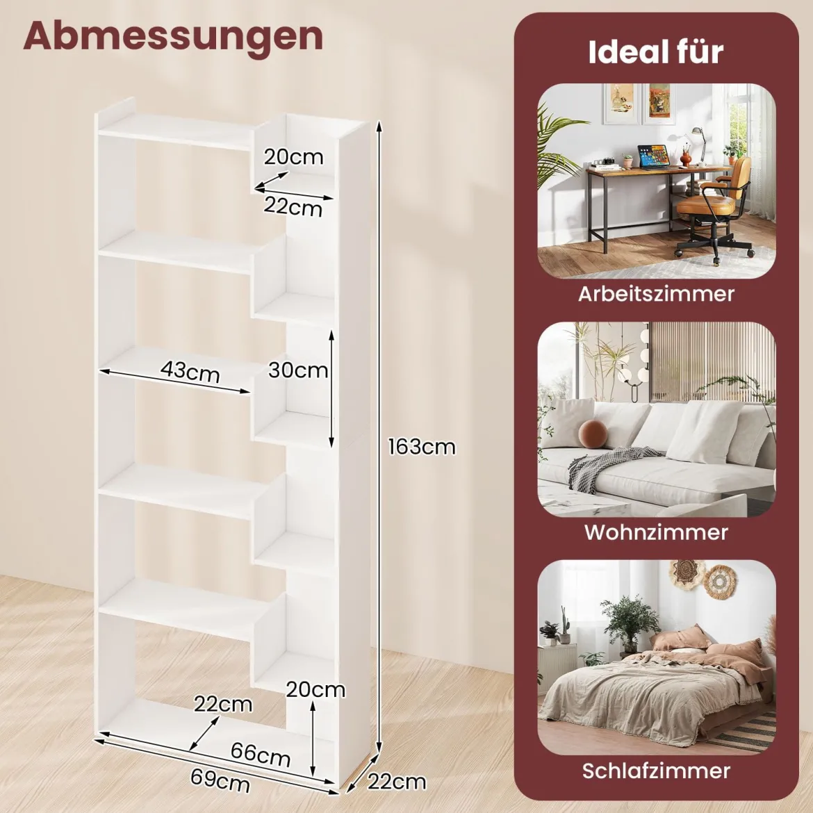 6-stöckiges Bücherregal Holzregal mit 2 Kippsicherungen offenes Ausstellungsregal 69 x 22 x 163 cm Weiß