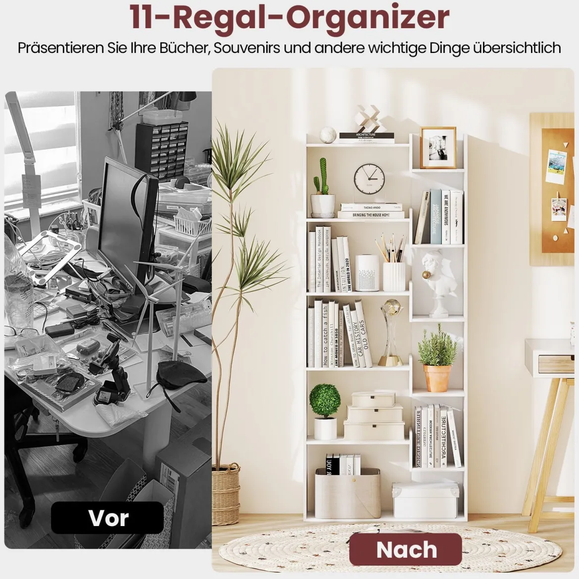6-stöckiges Bücherregal Holzregal mit 2 Kippsicherungen offenes Ausstellungsregal 69 x 22 x 163 cm Weiß