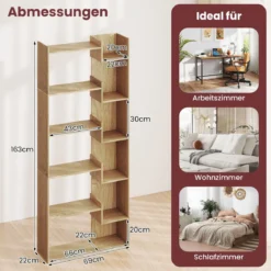 6-stöckiges Bücherregal Holzregal Standregal Dekoratives Aufbewahrungsregal 69 x 22 x 163 cm