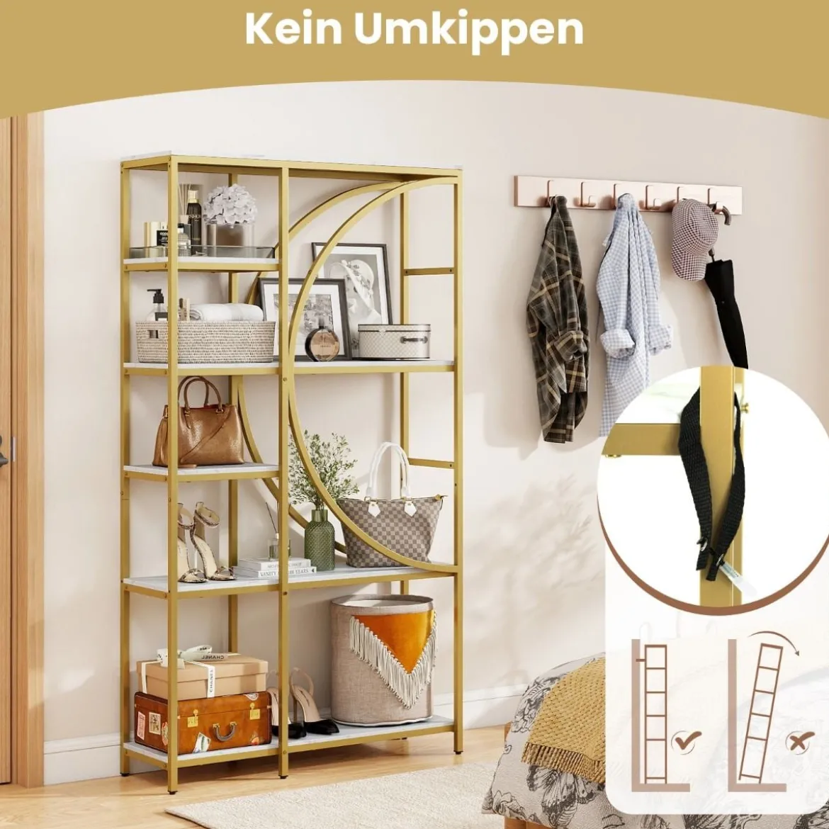 6-stöckiges Bücherregal industrielles Büroregal mit offenen Ablageflächen hohes Regal mit bogenförmigem Design Standregale