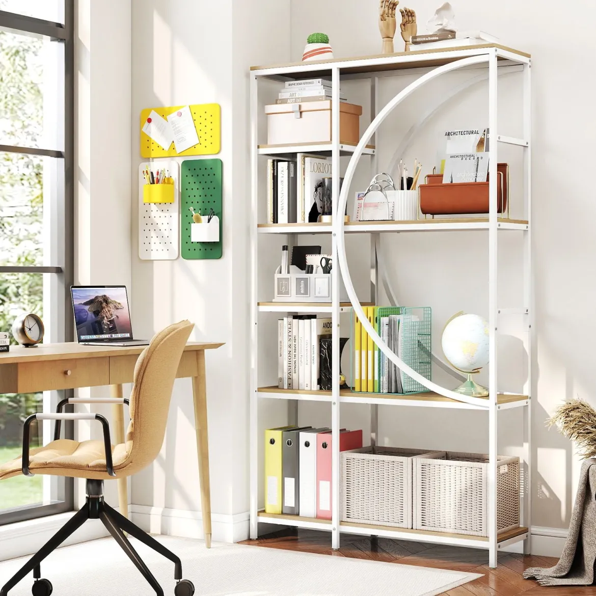 6-stöckiges Bücherregal industrielles Büroregal mit offenen Ablageflächen hohes Regal mit bogenförmigem Design Standregale