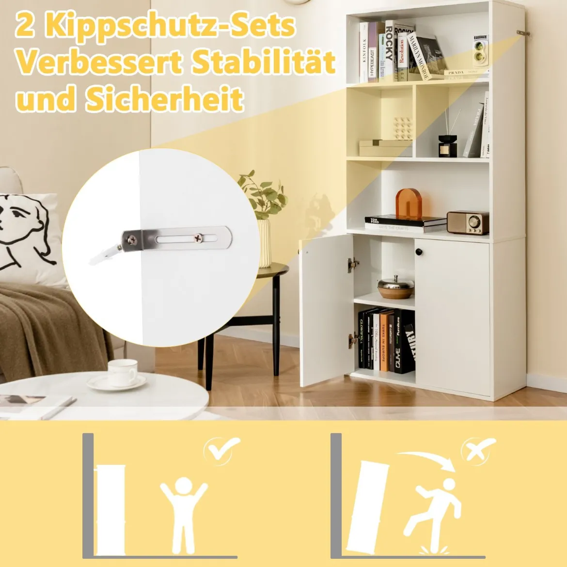 5-stöckiges Bücherregal mit Doppeltüren 155 cm hohes Standregal mit offenen Fächern Weiß