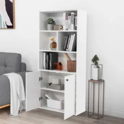 5-stöckiges Bücherregal mit Doppeltüren 155 cm hohes Standregal mit offenen Fächern Weiß