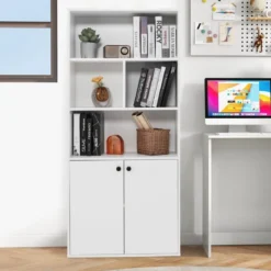 5-stöckiges Bücherregal mit Doppeltüren 155 cm hohes Standregal mit offenen Fächern Weiß
