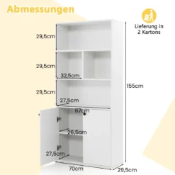 5-stöckiges Bücherregal mit Doppeltüren 155 cm hohes Standregal mit offenen Fächern Weiß