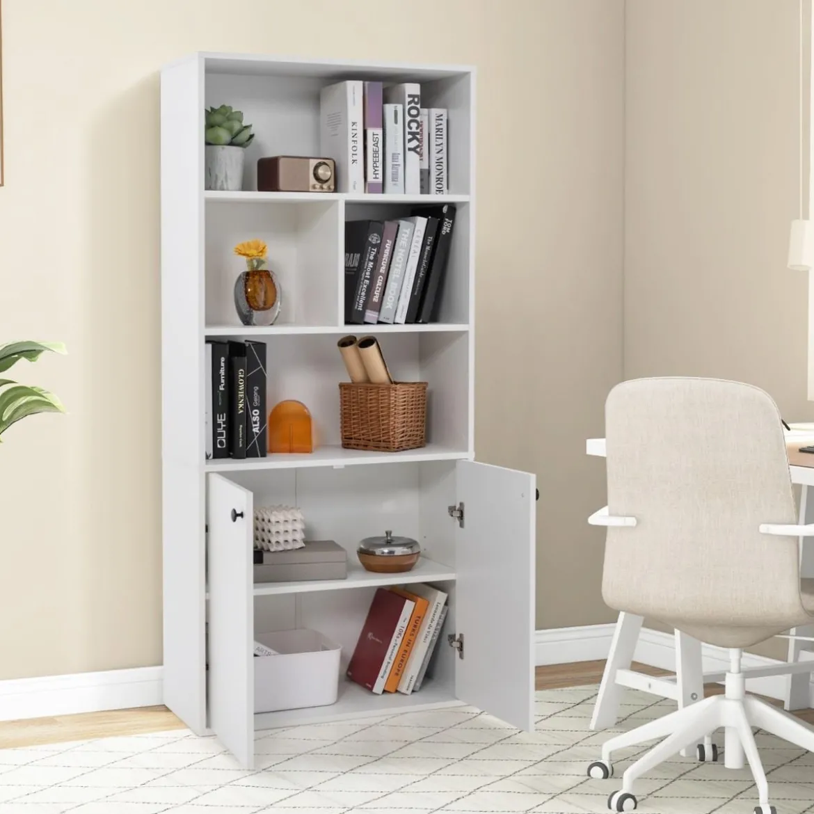 5-stöckiges Bücherregal mit Doppeltüren 155 cm hohes Standregal mit offenen Fächern Weiß