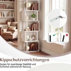5-stöckiges Bücherregal mit Metallrahmen freistehend mit Kippschutz für Wohnzimmer und Büro Weiß