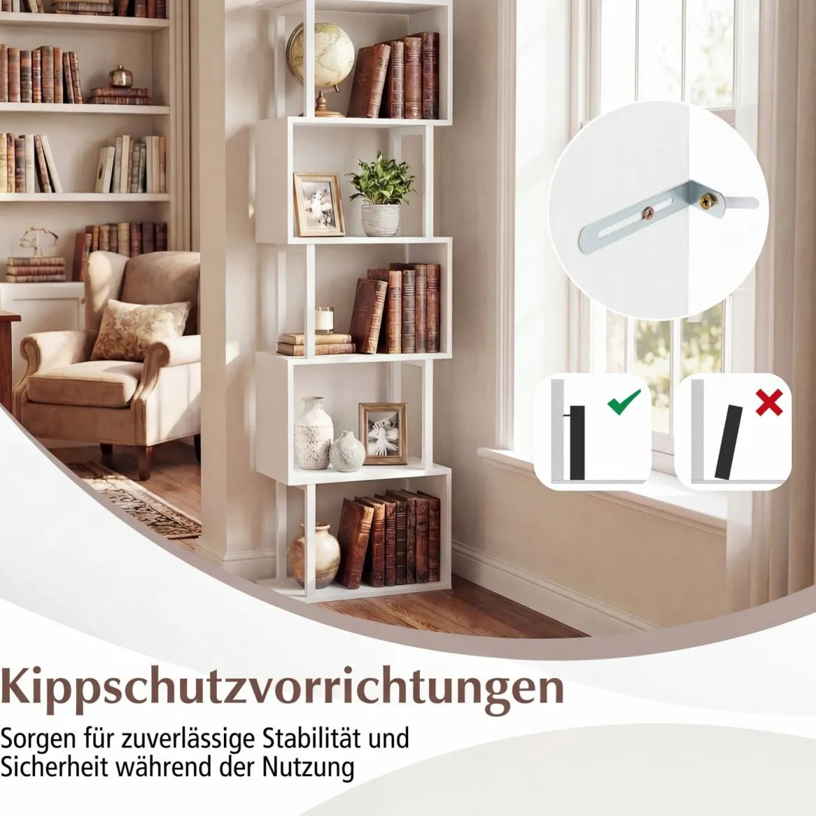 5-stöckiges Bücherregal mit Metallrahmen freistehend mit Kippschutz für Wohnzimmer und Büro Weiß