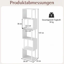5-stöckiges Bücherregal mit Metallrahmen freistehend mit Kippschutz für Wohnzimmer und Büro Weiß