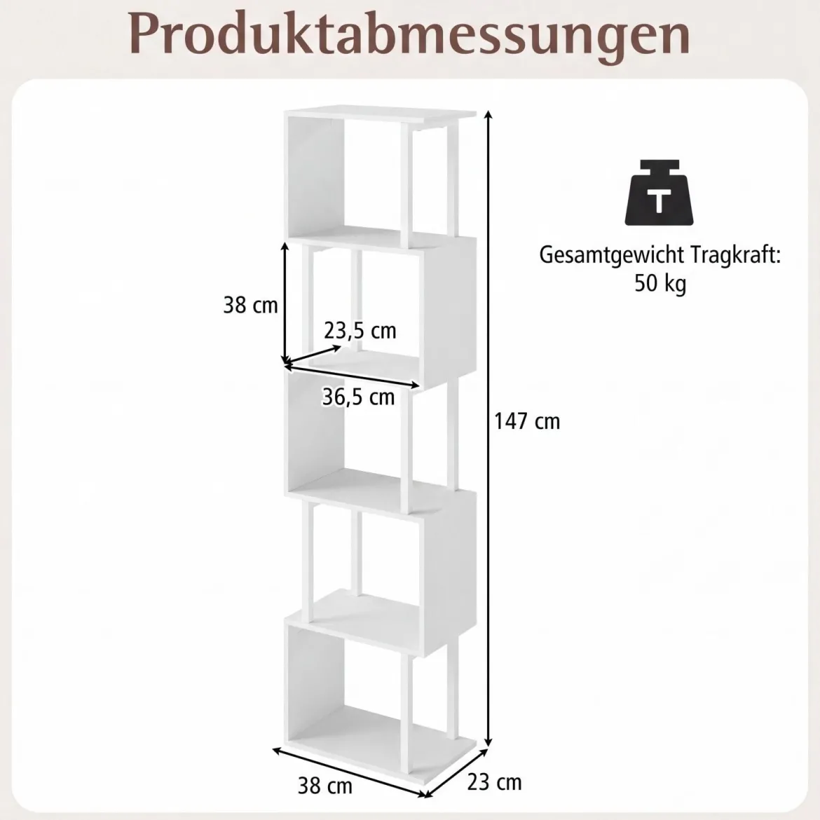 5-stöckiges Bücherregal mit Metallrahmen freistehend mit Kippschutz für Wohnzimmer und Büro Weiß