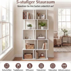 5-stöckiges Bücherregal mit Metallrahmen freistehend mit Kippschutz für Wohnzimmer und Büro Weiß