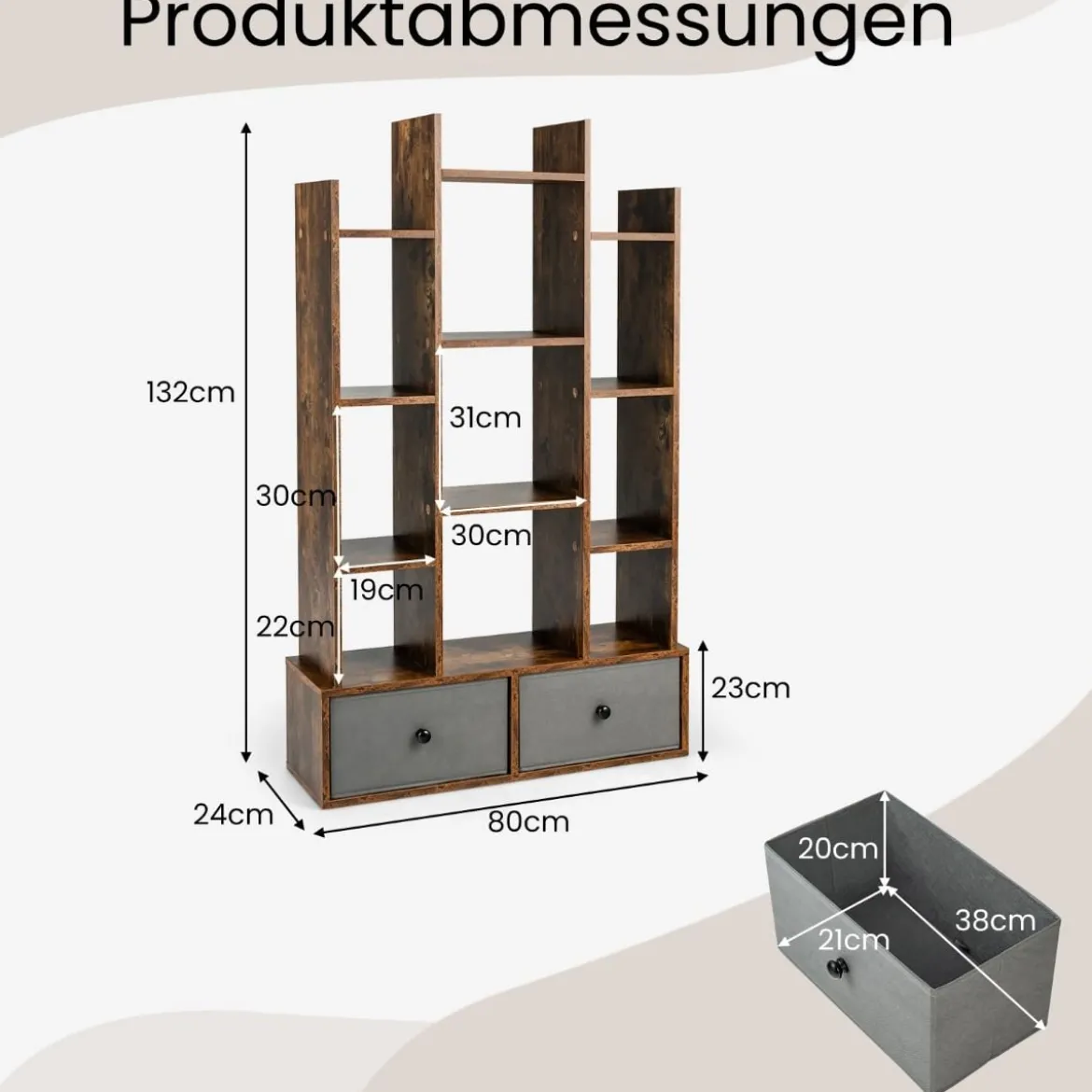 12-Stöckiges Bücherregal mit Offener Rückseite & Schublade 81 x 24 x 132 cm Braun