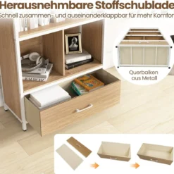4-stöckiges Bücherregal mit Offenen Fächern & StoffSchublade Standregal Bücherschrank Natur