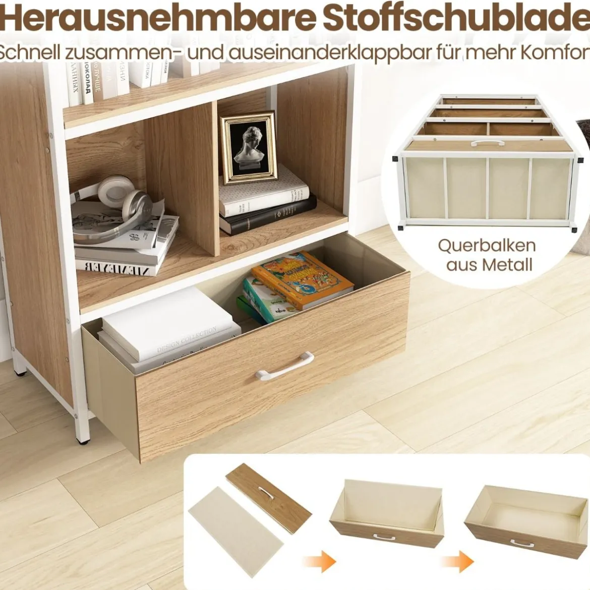 4-stöckiges Bücherregal mit Offenen Fächern & StoffSchublade Standregal Bücherschrank Natur