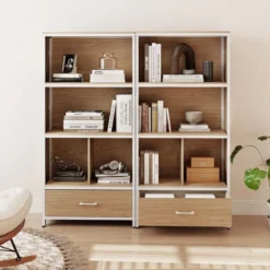 4-stöckiges Bücherregal mit Offenen Fächern & StoffSchublade Standregal Bücherschrank Natur