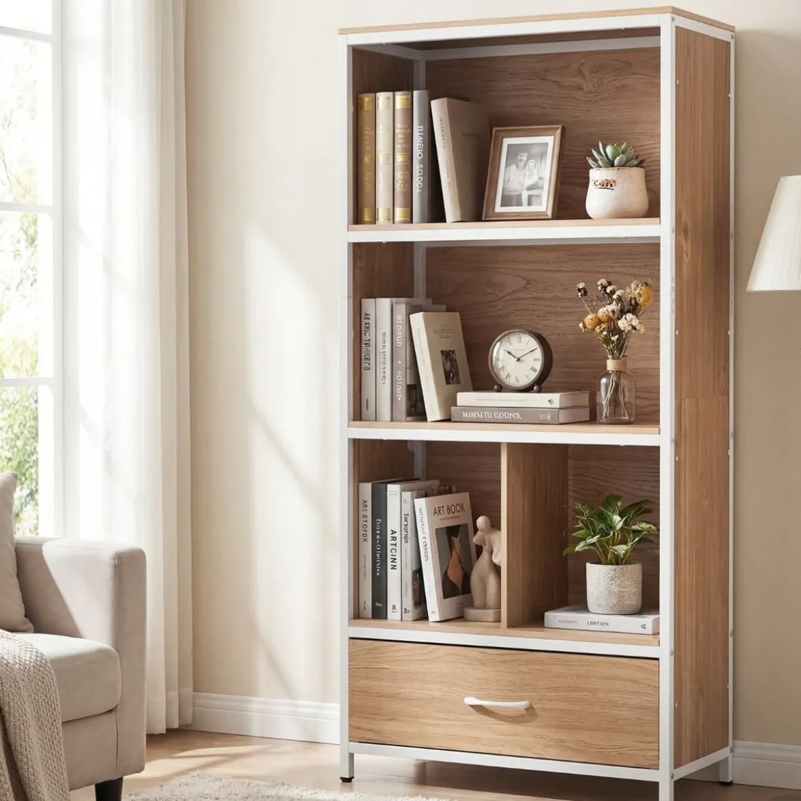 4-stöckiges Bücherregal mit Offenen Fächern & StoffSchublade Standregal Bücherschrank Natur