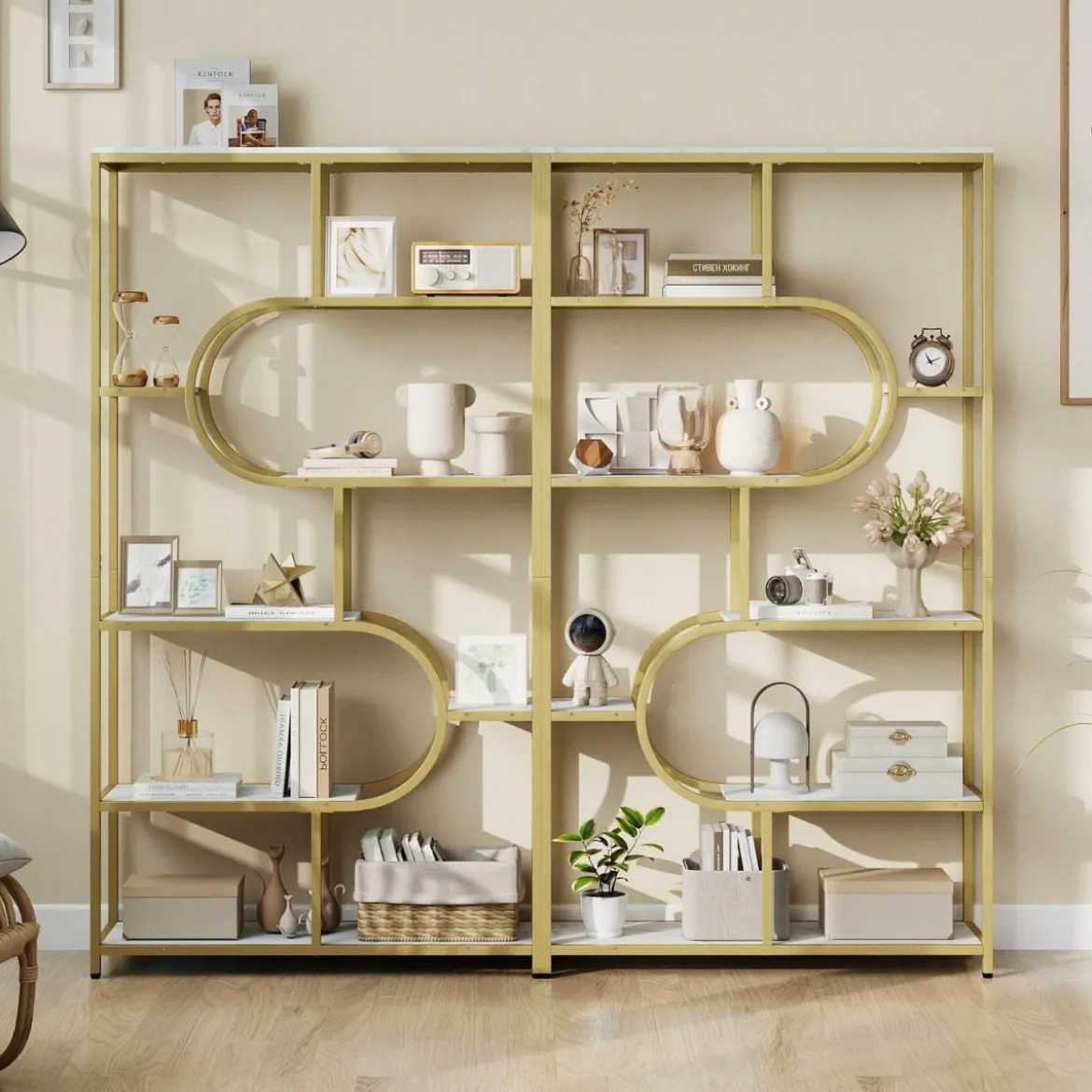 5-stöckiges Bücherregal mit Offenen Regalen Standregal Display Regal Weiß & Gold