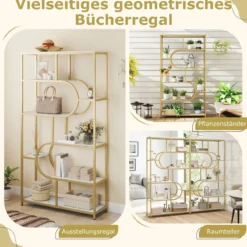 5-stöckiges Bücherregal mit Offenen Regalen Standregal Display Regal Weiß & Gold