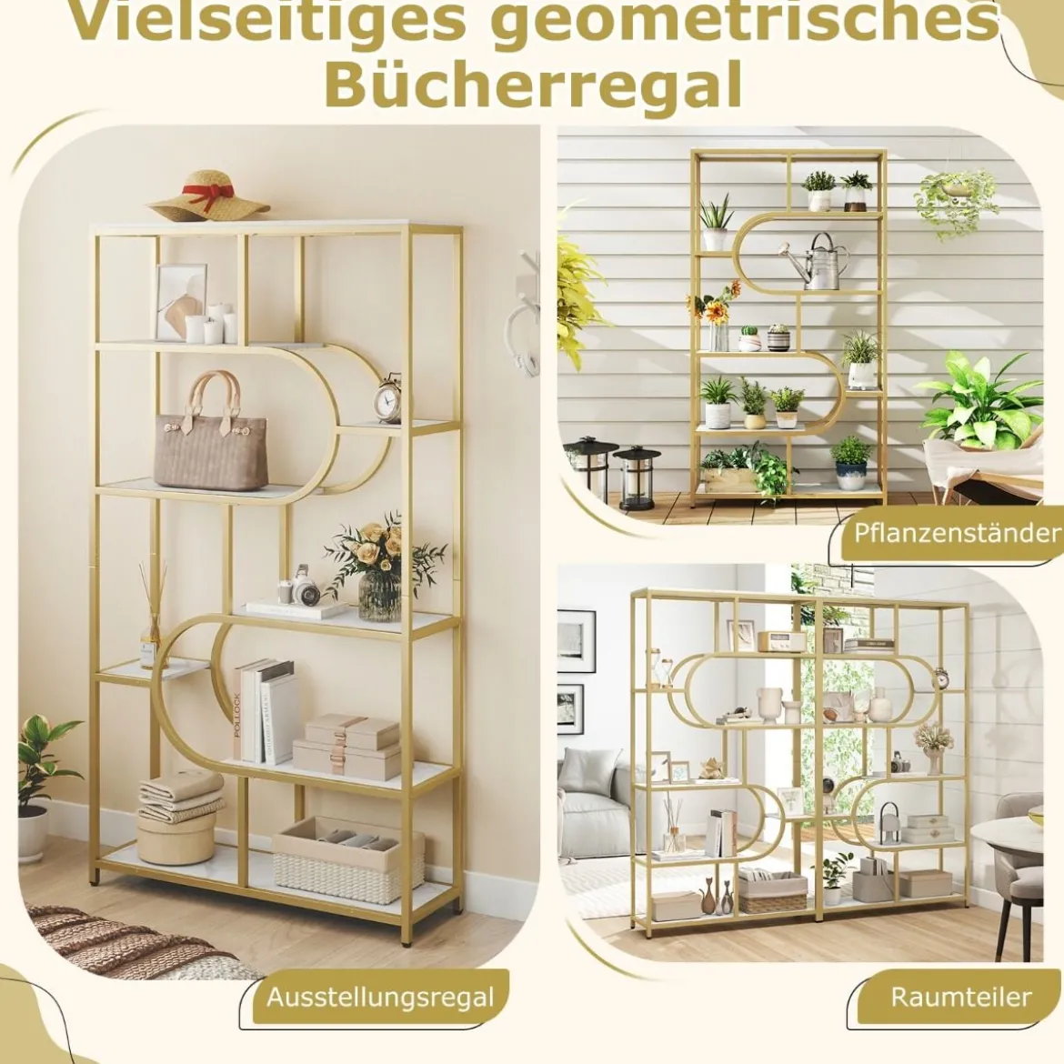 5-stöckiges Bücherregal mit Offenen Regalen Standregal Display Regal Weiß & Gold