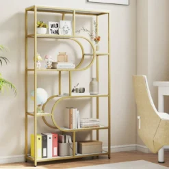 5-stöckiges Bücherregal mit Offenen Regalen Standregal Display Regal Weiß & Gold