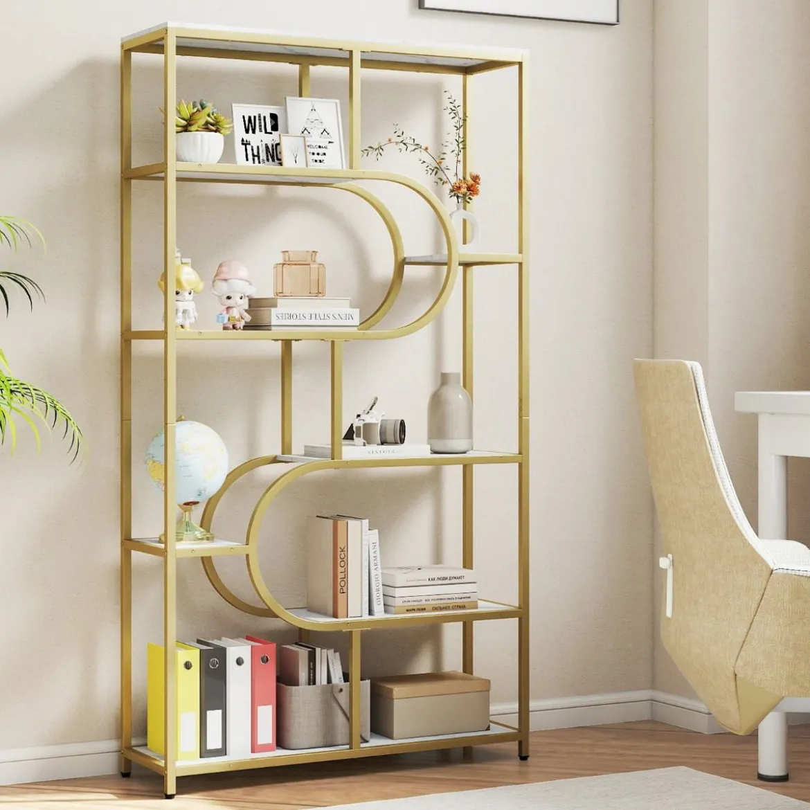 5-stöckiges Bücherregal mit Offenen Regalen Standregal Display Regal Weiß & Gold