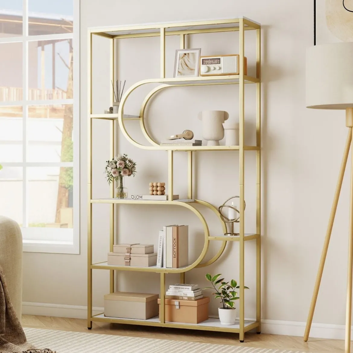 5-stöckiges Bücherregal mit Offenen Regalen Standregal Display Regal Weiß & Gold