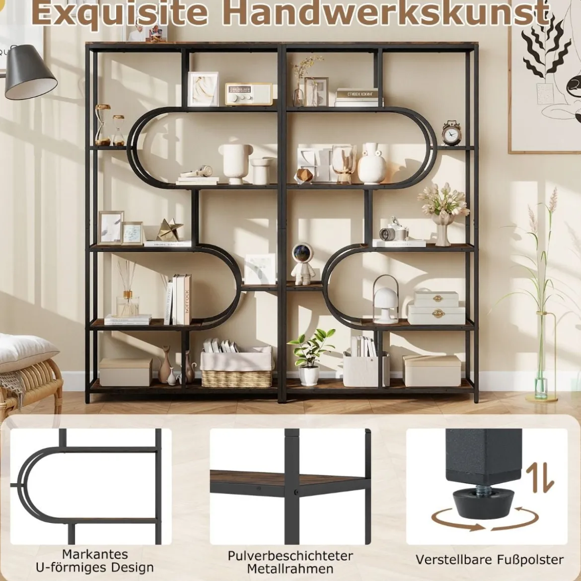 5-stöckiges Bücherregal mit Offenen Regalen Standregal Display Regal Braun & Schwarz