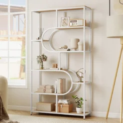 5-stöckiges Bücherregal mit Offenen Regalen Standregal Display Regal Natur & Weiß