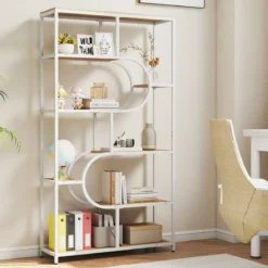 5-stöckiges Bücherregal mit Offenen Regalen Standregal Display Regal Natur & Weiß
