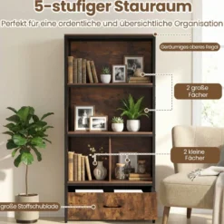 4-stöckiges Bücherregal mit Offenen Fächern & StoffSchublade Standregal Bücherschrank Braun