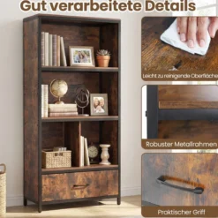 4-stöckiges Bücherregal mit Offenen Fächern & StoffSchublade Standregal Bücherschrank Braun
