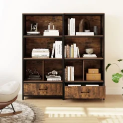 4-stöckiges Bücherregal mit Offenen Fächern & StoffSchublade Standregal Bücherschrank Braun