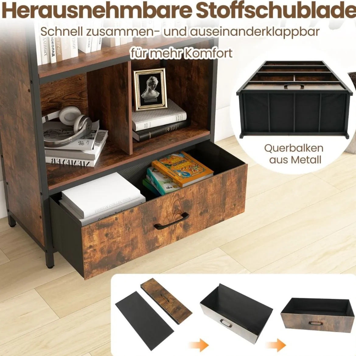4-stöckiges Bücherregal mit Offenen Fächern & StoffSchublade Standregal Bücherschrank Braun