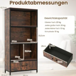 4-stöckiges Bücherregal mit Offenen Fächern & StoffSchublade Standregal Bücherschrank Braun
