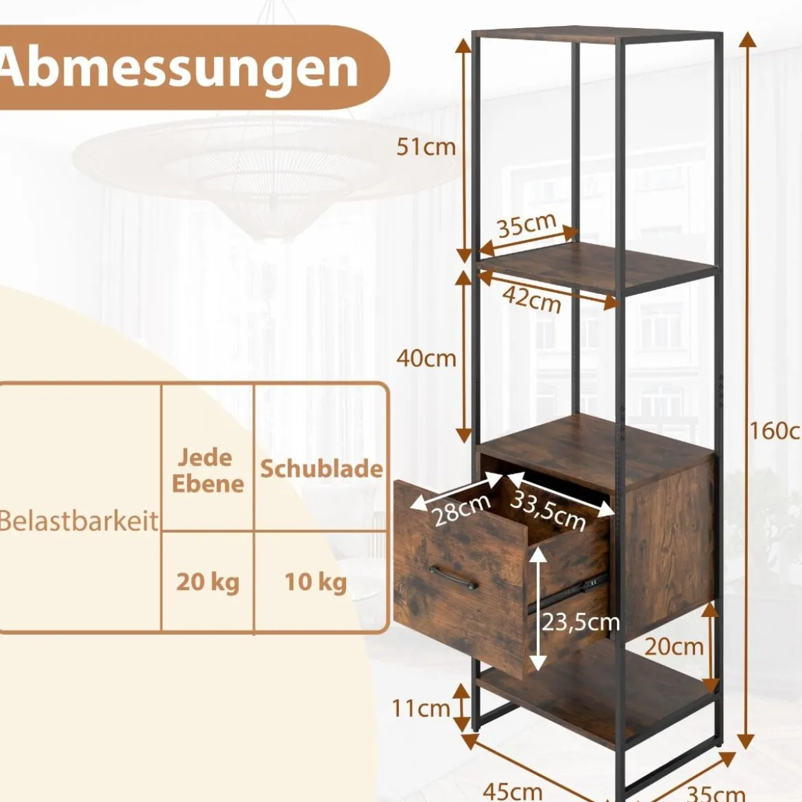 5-stöckiges Bücherregal mit Schublade & Metallrahmen Bücherschrank Modern Standregal
