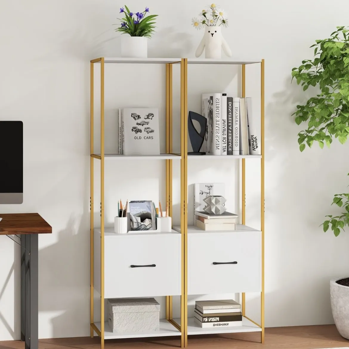 5-stöckiges Bücherregal mit Schublade & Metallrahmen Bücherschrank Modern Standregal