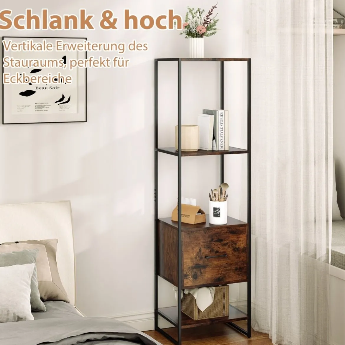 5-stöckiges Bücherregal mit Schublade & Metallrahmen Bücherschrank Modern Standregal