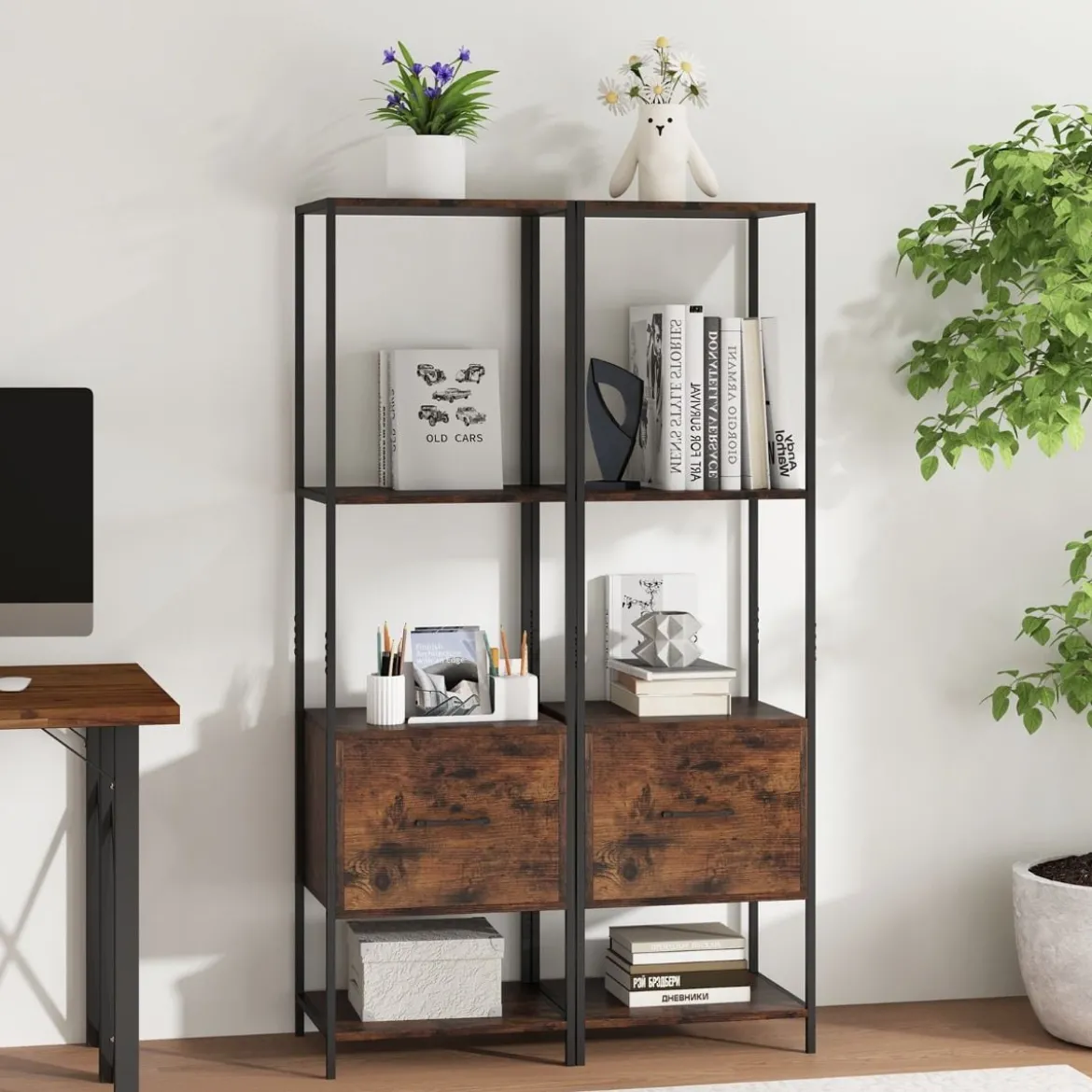 5-stöckiges Bücherregal mit Schublade & Metallrahmen Bücherschrank Modern Standregal