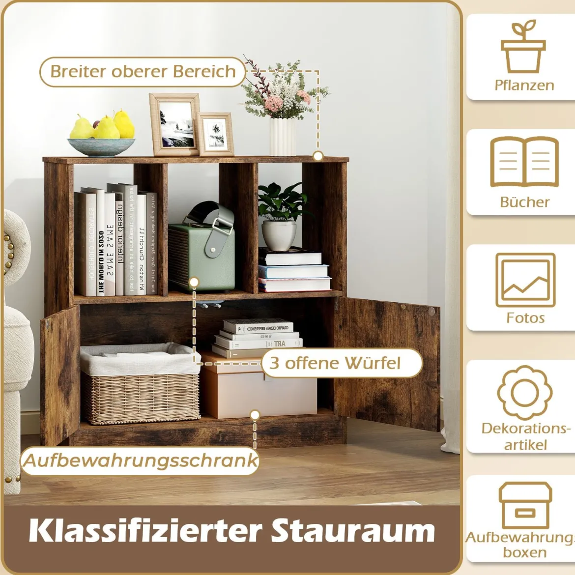 3-stöckiges Bücherregal mit 2 Türen Würfelregal mit Offenen Fächern & Bücherschrank Braun