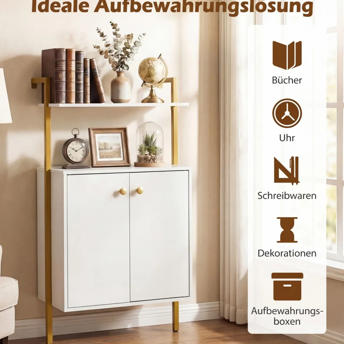 4-stöckiges Bücherregal mit 2-türiger Schrank & 2 Offenen EinlegebödenWandmontiertes Standregal Weiß