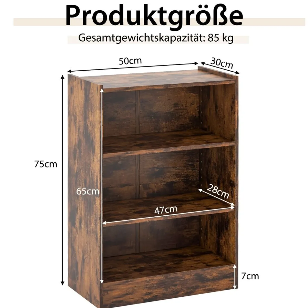 3-stöckiges Bücherregal offenes Ablageregal moderner Schrank 50 x 30 x 75 cm Braun