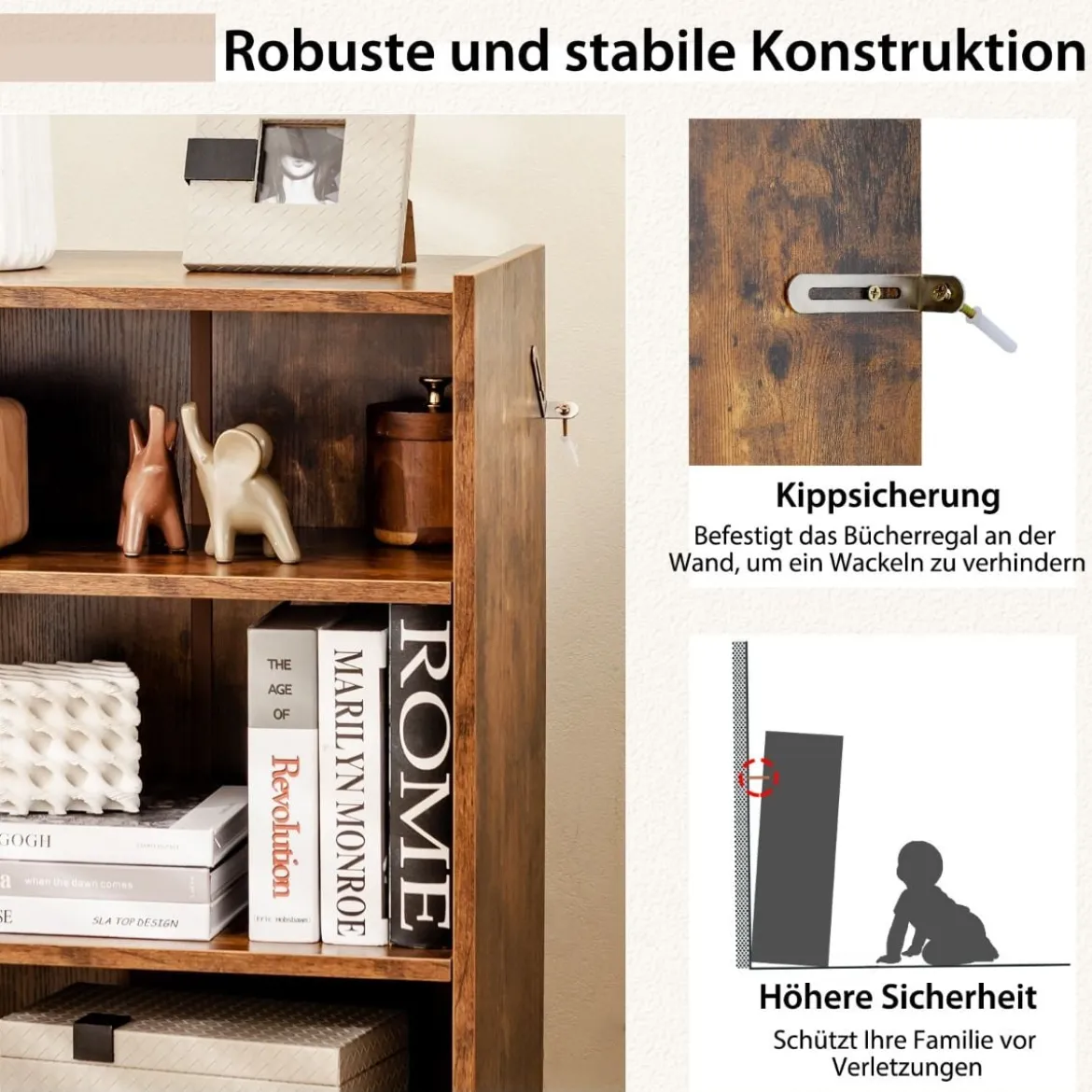 3-stöckiges Bücherregal offenes Ablageregal moderner Schrank 50 x 30 x 75 cm Braun