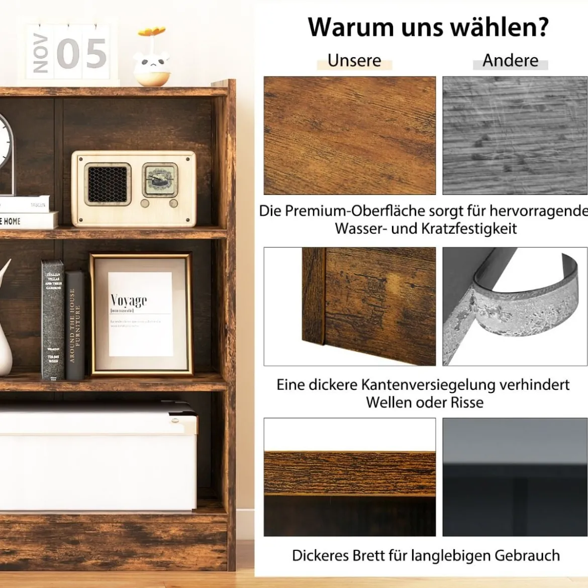 3-stöckiges Bücherregal offenes Ablageregal moderner Schrank 50 x 30 x 75 cm Braun