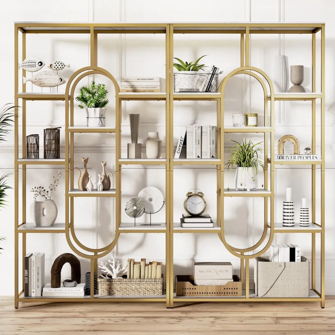 5-stöckiges Bücherregal Standregal Geometrisches Aufbewahrungsregal Weiß & Gold